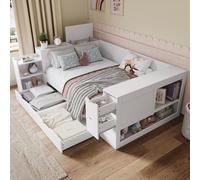 okwish Cama infantil 140x200, cama doble con colchón, cama plegable multifuncional con estanterías y cajones, cama infantil con mesita de noche y espacio de almacenamiento, color blanco
