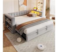 okwish Cama infantil 90/180x190, multifuncional, cama abatible sin colchón con iluminación LED, cama diurna con cama extraíble y cajón, color gris claro