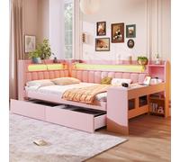 okwish: Cama infantil de 140x200, cama multifuncional con escritorio y 2 cajones, sofá convertible con puertos USB e iluminación LED, cama tapizada con espacio de almacenamiento abierto, color rosa (s