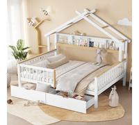 okwish: Cama infantil de 140x200 cm con dos cajones con ruedas, cama juvenil de madera con barandilla de protección y rejilla, estructura de cama con un diseño de techo único, sin colchón, color blanc
