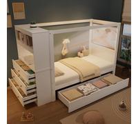 okwish Cama infantil de 90x200, cama individual de madera con espacio de almacenamiento, barandilla con armario integrado, cajón con ruedas, color blanco + natural (sin colchón)