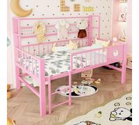okwish, cama infantil de 90x200 cm, cama individual con estante de rejilla y barandilla de seguridad, estructura de cama con espacio de almacenamiento debajo, color rosa (con colchón)
