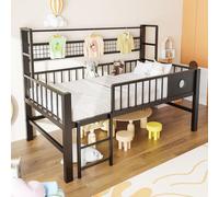okwish, cama infantil de 90x200 cm, cama individual con estante de rejilla y barandilla de seguridad, estructura de cama con espacio de almacenamiento debajo, color (con colchón)