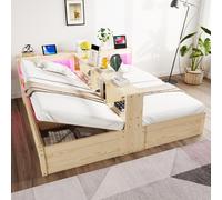 okwish Cama nido de 90/180x200 con iluminación LED y enchufe, cama infantil con compartimentos de almacenamiento y espacio de almacenamiento hidráulico, cama individual con diseño natural, sin colchón