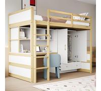 okwish, Cama nido de 90x200. Estructura de cama sin colchón. Cama nido infantil con armario y cajones. Cama infantil con escritorio y múltiples compartimentos. Color madera