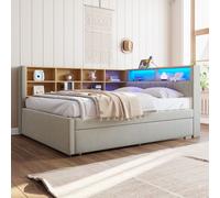 okwish: Cama tapizada, cama abatible de 140x200, cama abatible de 90x190, con iluminación LED, cajones y mucho espacio de almacenamiento, de franela, con colchón, color gris claro