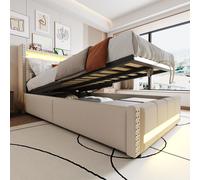 okwish Cama tapizada con espacio de almacenamiento, 90x200. Cama infantil con iluminación LED y puerto USB, cabecero con estante y espacio de almacenamiento, color beige (sin colchón)