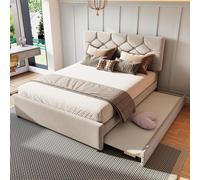 okwish: Cama tapizada de 140x200. Cama de matrimonio con cama abatible, incluye un colchón, somier y espacio de almacenamiento. Cama juvenil con estructura de MDF, revestimiento de flanela y cabecero