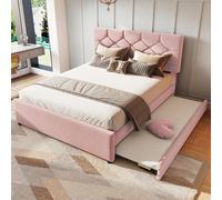 okwish: Cama tapizada de 140x200. Cama de matrimonio con cama abatible, incluye un colchón, somier y espacio de almacenamiento. Cama juvenil con estructura de MDF, funda de flanela y cabecero con boto