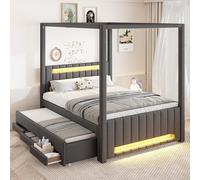 okwish Cama tapizada de 140x200 con dosel, cama con litera abatible y luces LED, cama doble con 3 cajones, color gris (sin colchón)