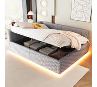 okwish: cama tapizada de 140x200, sofá cama con puertos Type-C y dos puertos USB, cama doble con iluminación LED, cama infantil, cama funcional con respaldo suave en forma de L, color gris (sin colchó