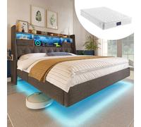 okwish: Cama tapizada de 160x200. Cama nido con iluminación LED y estación de carga. Cama de matrimonio con cabecero con almacenamiento y somier. Marco de cama con colchón de lino. Color: gris