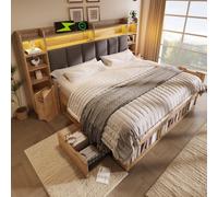 okwish: Cama tapizada de 180x200, cama doble, mesitas de noche con puertos USB y Type-C, cama juvenil con iluminación LED, cama funcional con espacio de almacenamiento y estantes abiertos, roble (sin 