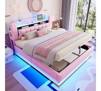 okwish: Cama tapizada de 180x200, cama juvenil, cama infantil con mecanismo abatible y espacio de almacenamiento, cama de matrimonio con iluminación LED y puerto USB, color rosa (sin colchón)