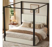 okwish: Cama tapizada de 180x200 con estructura para dosel, cama de matrimonio con cabecero tapizado, cama para estudiantes en color beige y , sin colchón