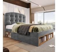 okwish, cama tapizada de 90x200, cama individual con cabecero curvo y ajustable en altura, cama para jóvenes, cama funcional con cajones y estantes abiertos, estructura de cama con somier, color gris