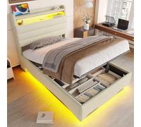 okwish Cama tapizada de 90x200, cama individual para niños con iluminación LED, dos puertos de carga y tapa abatible. Cama infantil con espacio de almacenamiento integrado, color beige (sin colchón)