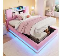 okwish: Cama tapizada de 90x200, cama juvenil, cama infantil con mecanismo abatible y espacio de almacenamiento, estructura de cama individual con iluminación LED y puerto USB, color rosa (sin colchón