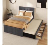 okwish: Cama tapizada de 90x200 cm, cama de matrimonio, cama familiar, cama nupcial con 3 cajones, cama abatible, cabecero ajustable, color beige (sin colchón)