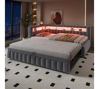 okwish: Cama tapizada de 90x200 con iluminación LED, cama abatible con cama extraíble, cama de matrimonio con diseño clásico a rayas, cama de madera con puerto USB, color gris, sin colchón