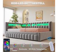 okwish: Cama tapizada de 90x200 con iluminación LED, cama abatible con cama extraíble, cama de matrimonio con diseño clásico a rayas, cama de madera con puerto USB, color gris oscuro, sin colchón