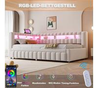 okwish: Cama tapizada de 90x200 con iluminación LED, cama abatible con cama extraíble, cama de matrimonio con diseño clásico a rayas, cama de madera con puerto USB, color beige, sin colchón