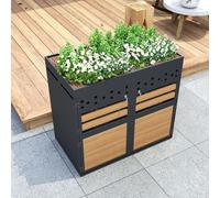 okwish, contenedor de basura con tapa, capacidad de 120-240 litros, puertas de color antracita con diseño de madera, contenedor de residuos con techo vegetal, color gris y detalles naturales