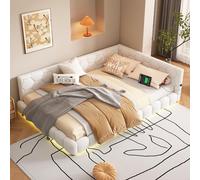 OKWISH, estructura de cama tipo banqueta, 140x200 cm - Cama doble para adolescentes/niños con luces LED y puerto USB - Tapizado en microfibra suave - Sin colchón - Blanco