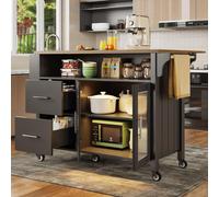 okwish: Isla de cocina, buffet con textura de madera y separadores removibles, carrito de comida con iluminación LED y ruedas, color blanco