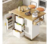 okwish: Isla de cocina con cajón y estante para especias, armario de cocina con diseño de madera, carrito de cocina con superficie de trabajo abatible y ruedas, color blanco