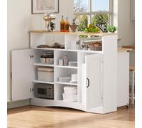 okwish: Isla de cocina extensible / mueble de cocina con dos taburetes, aparador con estanterías ajustables y compartimentos abiertos, alacena con tapa abatible, color blanco