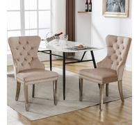 okwish: Juego de 2 sillas de comedor, ideales para la cocina, la oficina o la sala de estar. Sillas tapizadas con patas metálicas y revestimiento de terciopelo (color beige con motivos de clavos)