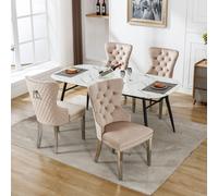 okwish: Juego de 4 sillas de comedor, ideales para la cocina, la oficina o la sala de estar. Sillas tapizadas con patas metálicas y revestimiento de terciopelo (color beige con motivos de clavos)