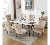okwish: Juego de 6 sillas de comedor, ideales para la cocina, la oficina o la sala de estar. Sillas tapizadas con patas metálicas y revestimiento de terciopelo (color beige con motivos de clavos)