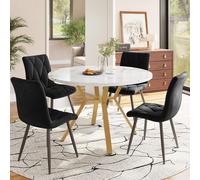 okwish, juego de comedor. Mesa redonda para comedor de 5 piezas con patas metálicas doradas. Incluye 4 sillas de comedor negras, ergonómicas y tapizadas en terciopelo. Colores: dorado, blanco y