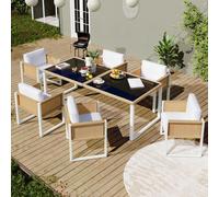 okwish: juego de muebles de jardín que incluye tumbonas, sofá, sillones, mesa de comedor para 6 personas. Muebles de exterior con fundas desmontables y lavables, color marrón y blanco