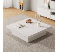 okwish Mesa de conferencias cuadrada con aspecto de mármol, 90 x 90 x 25 cm – Cuatro cajones, tablero extensible, capacidad de carga de hasta 30 kg, color blanco
