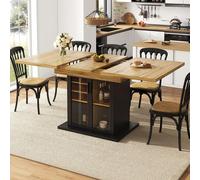 okwish Mesa extensible, mesa telescópica, isla de cocina con tirador metálico y estante extraíble para vinos. Mesa de cocina con puertas de vidrio templado y sistema de cierre suave. Color: