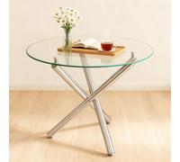 okwish: Mesa redonda, mesa de centro con tablero de vidrio templado, estructura de patas cruzadas, para 2 a 4 personas, patas de metal en color plateado