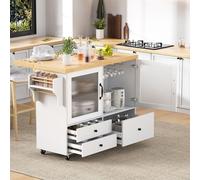 okwish: Mueble de cocina extensible, isla de cocina con soporte para vasos y espacio de almacenamiento, carrito de cocina con soportes laterales, mesa de bar con sistema de bloqueo, color blanco