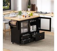 okwish: Mueble de cocina extensible, isla de cocina con soporte para vasos y espacio de almacenamiento, carrito de cocina con soportes laterales, mesa de bar con sistema de bloqueo, color