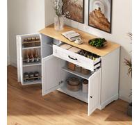 okwish: Mueble de cocina moderno para el salón, con soporte para botellas; aparador/mueble para zapatos con 3 estantes de altura ajustable; mueble de cocina con bisagras. Color: blanco + natural