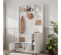 OKWISH - Mueble de entrada - Zapatero con banco, 3 perchas y 3 puertas, 3 compartimentos abiertos, fabricado en MDF y metal, dimensiones: 120x40x200 cm - Blanco