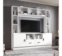 okwish. Mueble de pared completo con armario en forma de V y estantería, mueble de TV con 2 armarios, cajones y 11 compartimentos, con sistema de protección contra vuelcos, color blanco