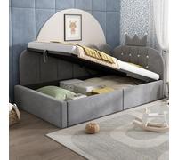 okwish Sofá cama de 90x190, cama infantil con espacio de almacenamiento hidráulico, cama tapizada de una plaza, cabecero con detalle de corona, color gris (sin colchón)