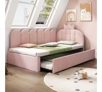 okwish Sofá cama de 90x200, cama infantil con cama extraíble, cama tapizada, cama individual, sofá cama, diseño en forma de L con adorno de corona, diseño que ahorra espacio, color rosa (sin colchón)