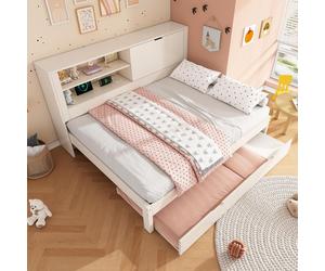 Okwish, sofá cama infantil de 140x190 cm con cama extraíble, cama individual con estación de carga USB y USB-C, estructura de cama con espacio de almacenamiento plegable oculto, cama de madera con som
