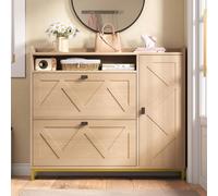 okwish: Zapatero de entrada con armario lateral, mueble de entrada con tapa abatible, zapatero con puerta con relieve geométrico, estante superior abierto, ideal para recibidores o espacios de entrada