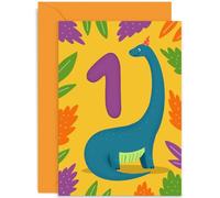 Old English Co. Tarjeta colorida de primer cumpleaños para niños y niñas, diseño de dinosaurio de fiesta para bebé de 1 año, divertida y bonita tarjeta de cumpleaños para él o ella, interior en blanco