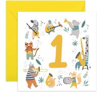 Old English Co. Tarjeta de primer cumpleaños colorida para niños y niñas, tarjeta de feliz primer cumpleaños de animales musicales para bebé de 1 año, divertida tarjeta de cumpleaños para él o ella,